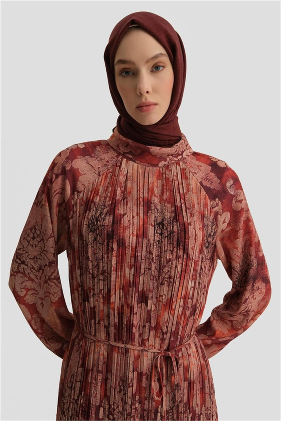 Piliseli Emprime Elbise Koyu Kırmızı - 25Y9030