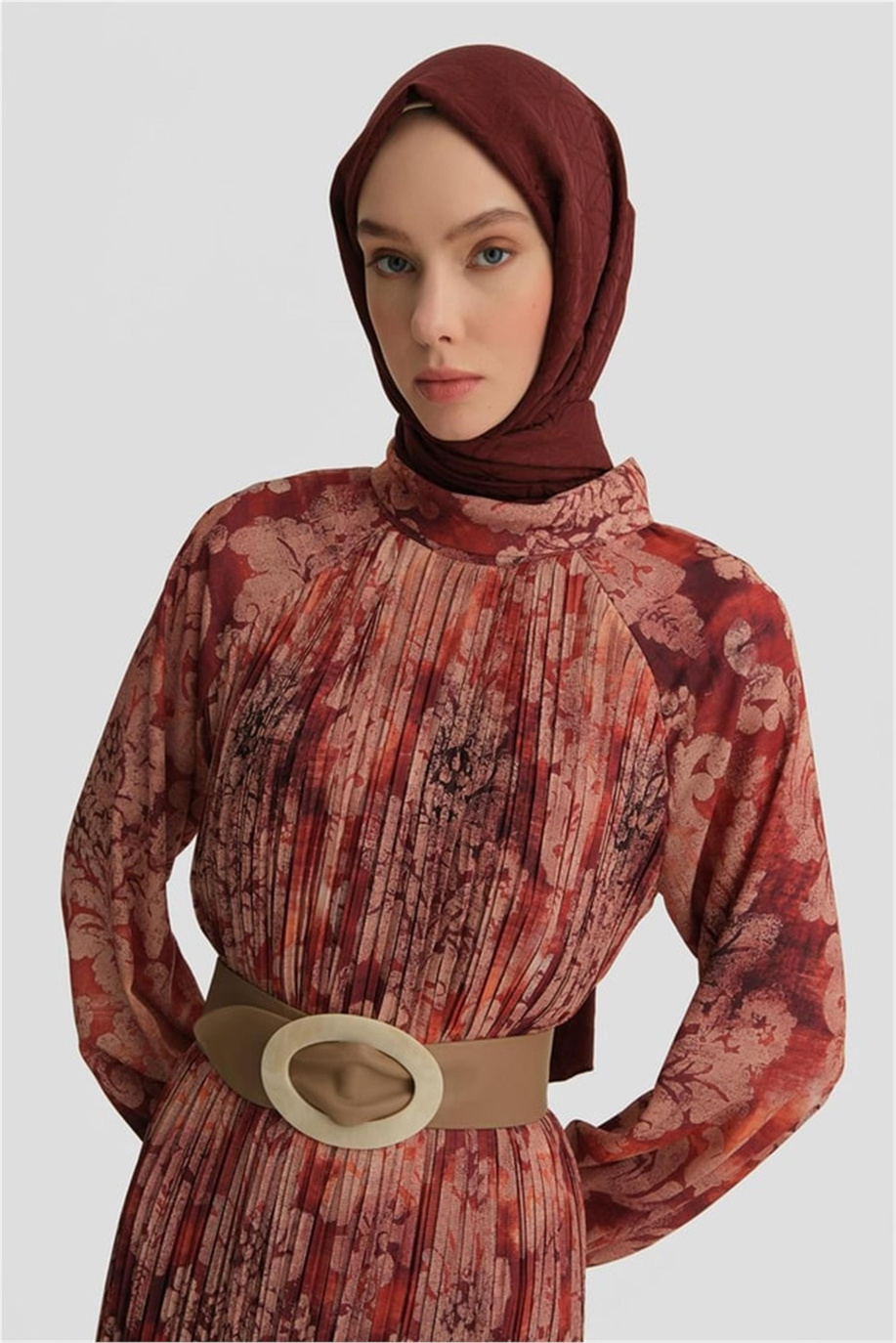 Piliseli Emprime Elbise Koyu Kırmızı - 25Y9030