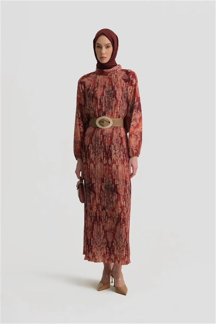 Piliseli Emprime Elbise Koyu Kırmızı - 25Y9030