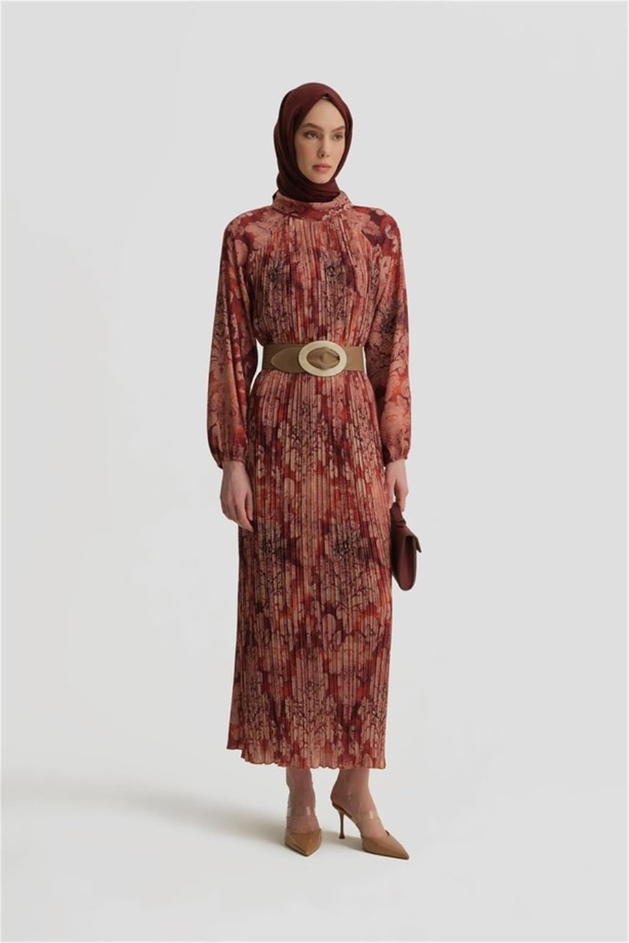 Piliseli Emprime Elbise Koyu Kırmızı - 25Y9030