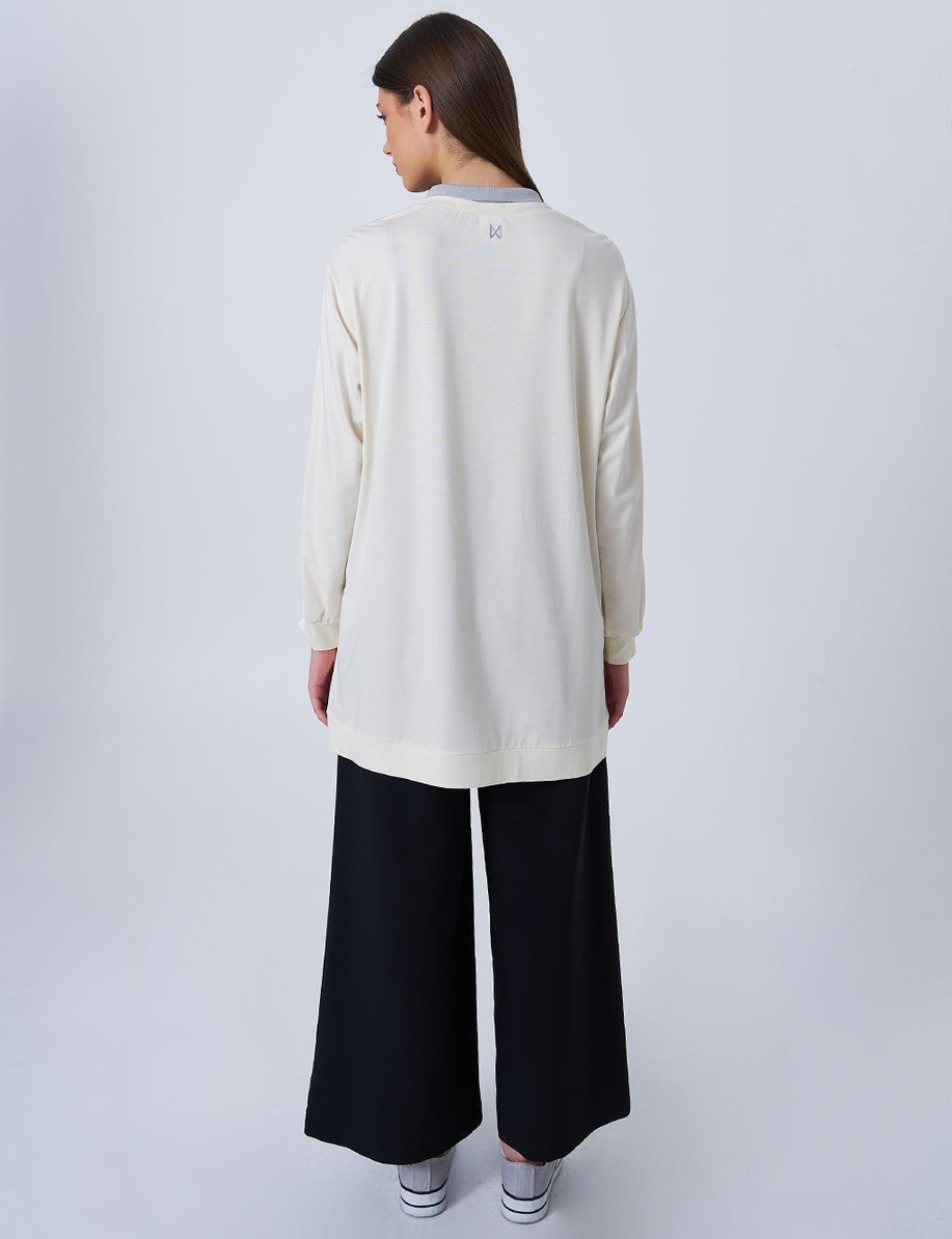 Polo Yaka Baskılı Sweatshirt Ekru