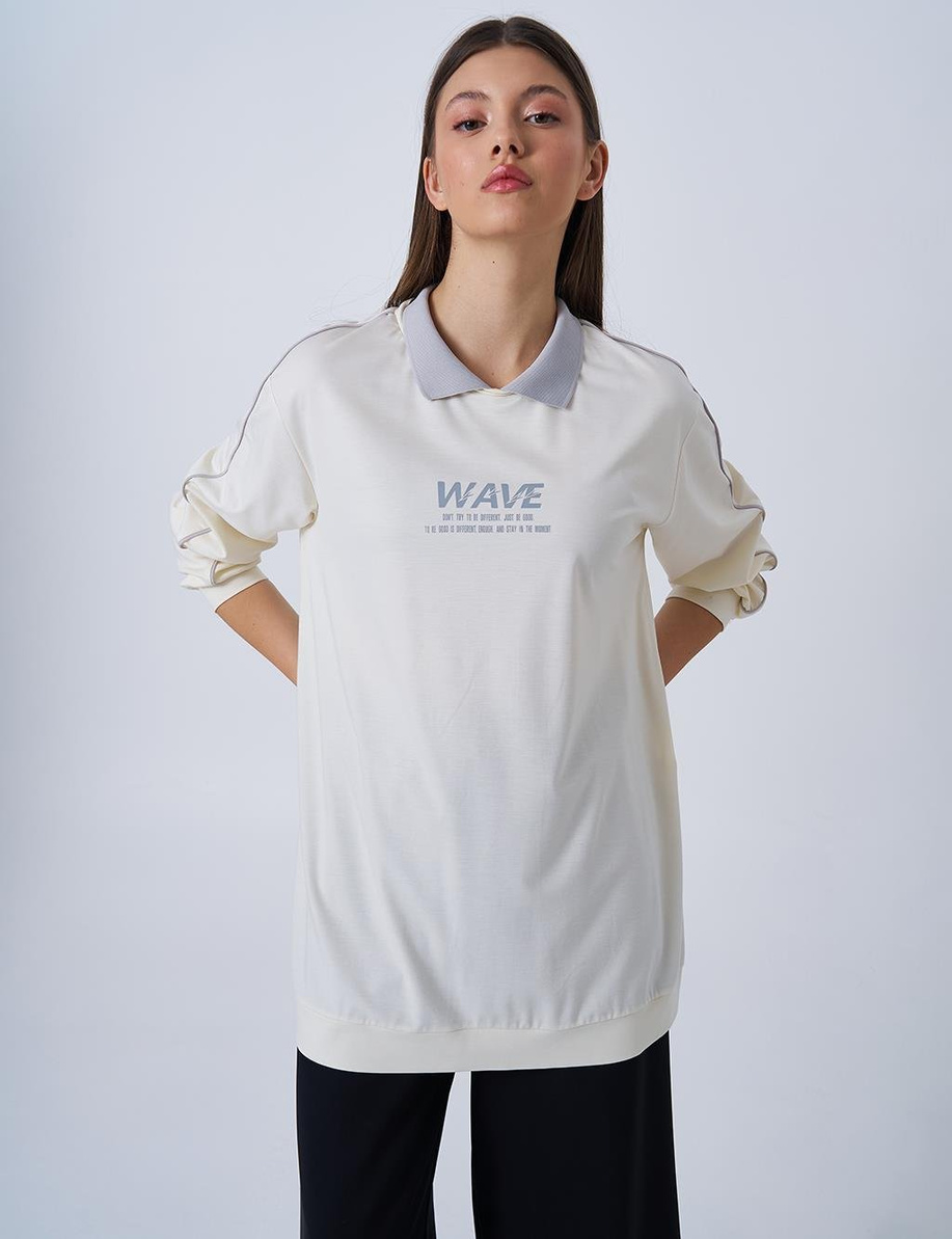 Polo Yaka Baskılı Sweatshirt Ekru