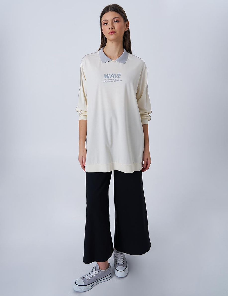 Polo Yaka Baskılı Sweatshirt Ekru