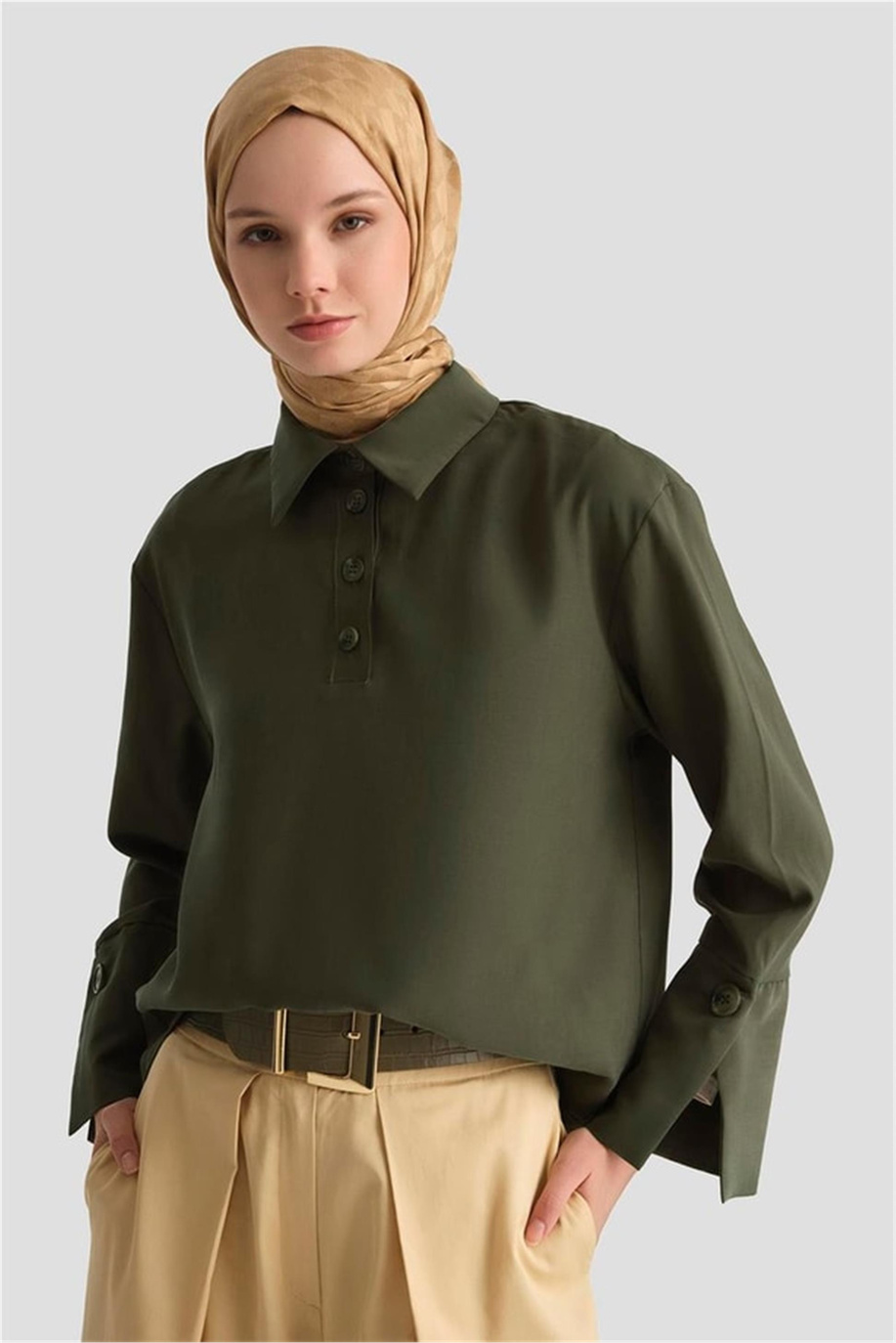 Polo Yaka Tencel Bluz Haki - 25Y3736