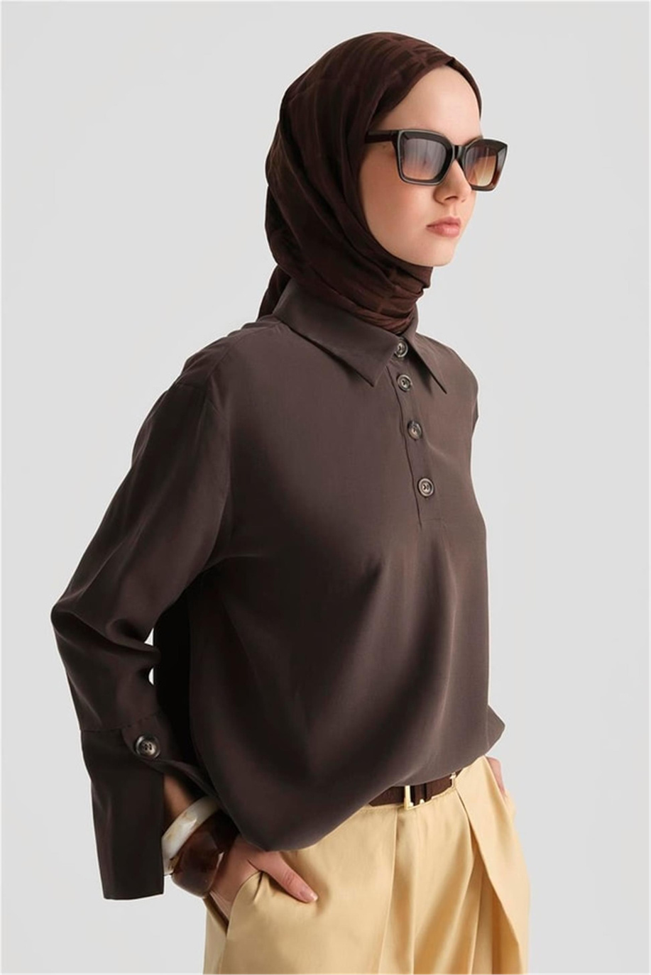 Polo Yaka Tencel Bluz Kahve - 25Y3736