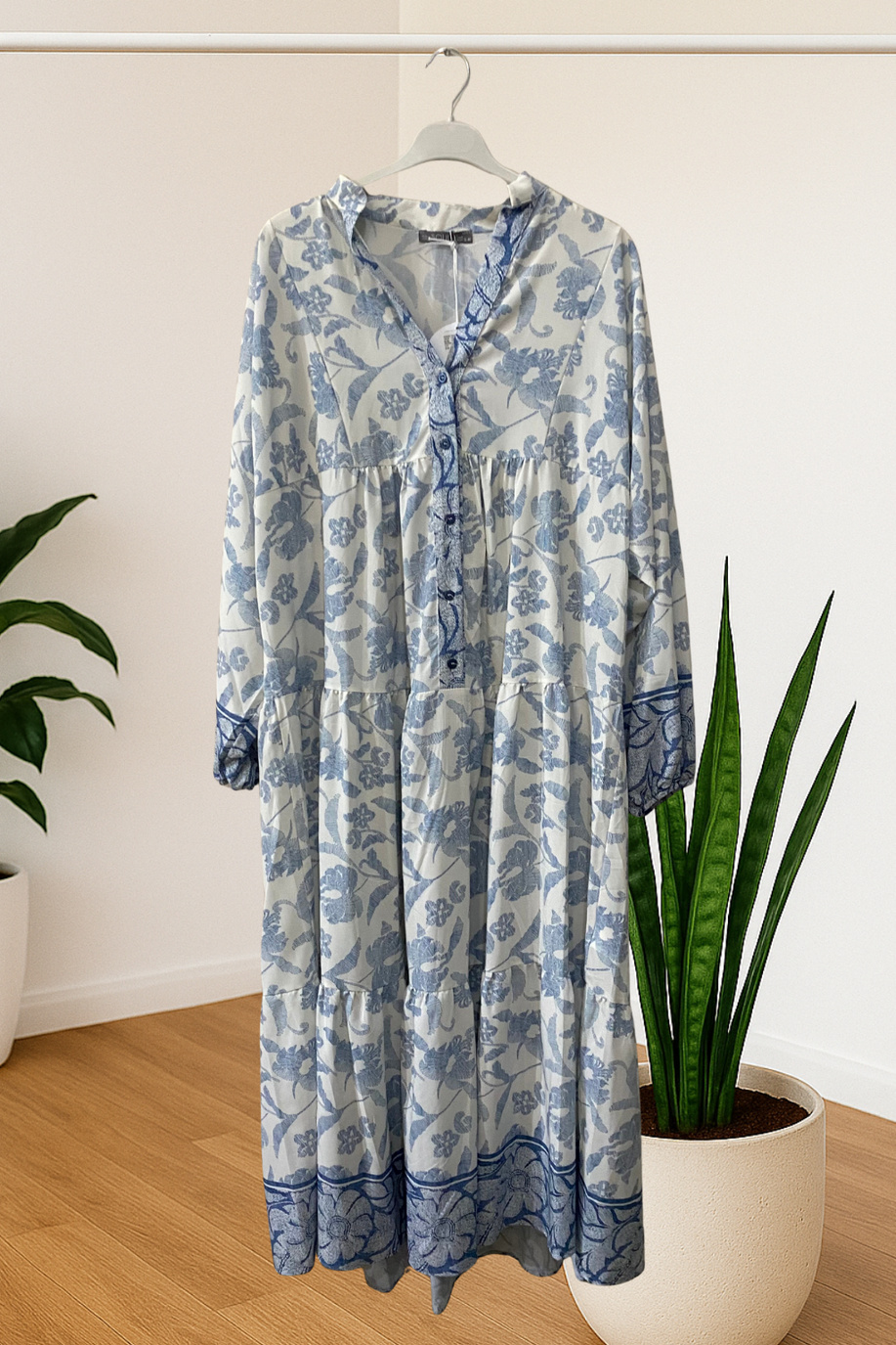 Puane Desenli Elbise Ekru-Mavi