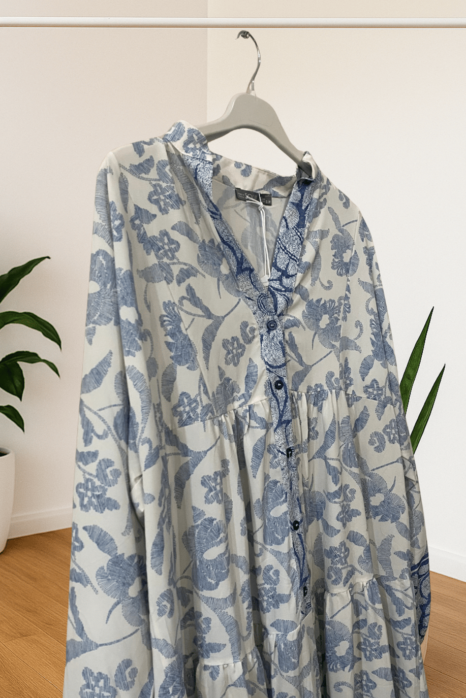 Puane Desenli Elbise Ekru-Mavi