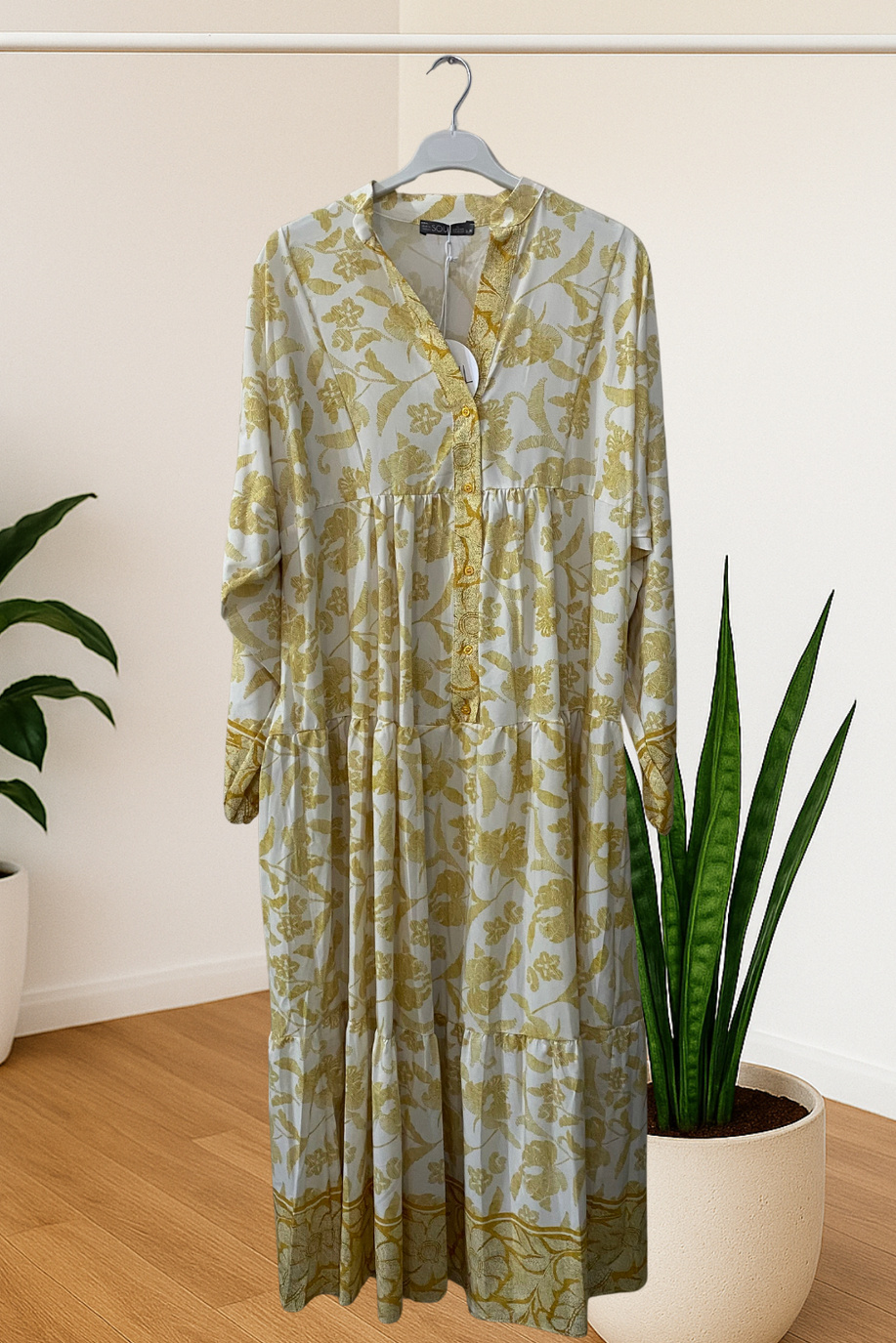 Puane Desenli Elbise Ekru-Sarı