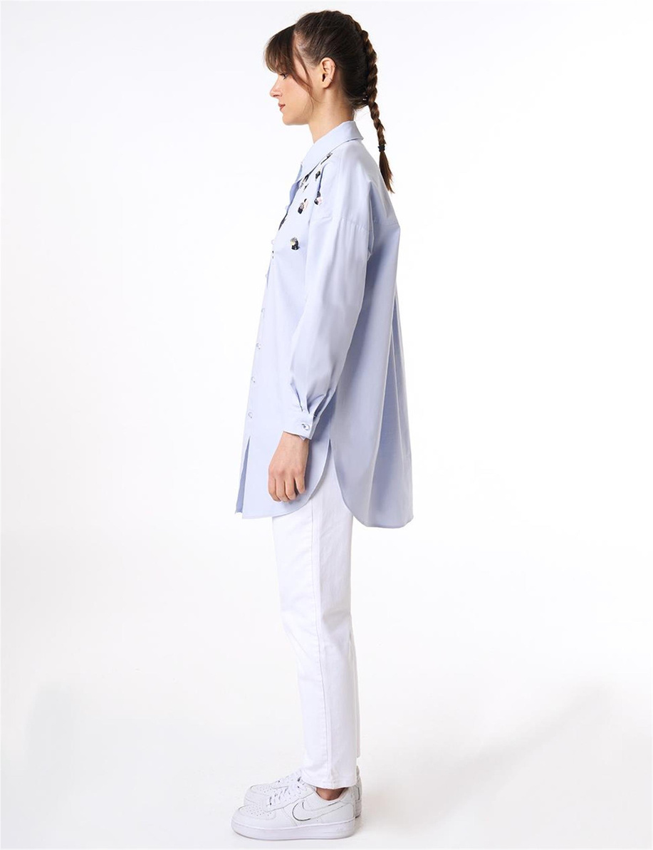 Pul Payet İşlemeli Poplin Tunik Mavi - KA-B25-21125