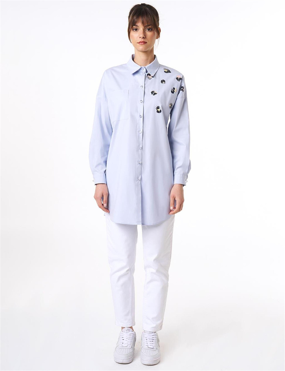 Pul Payet İşlemeli Poplin Tunik Mavi - KA-B25-21125