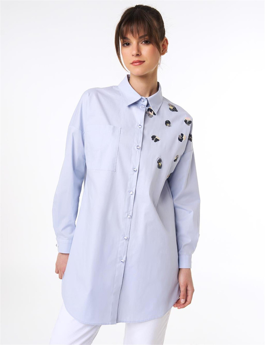 Pul Payet İşlemeli Poplin Tunik Mavi - KA-B25-21125