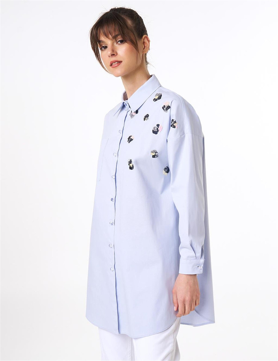 Pul Payet İşlemeli Poplin Tunik Mavi - KA-B25-21125