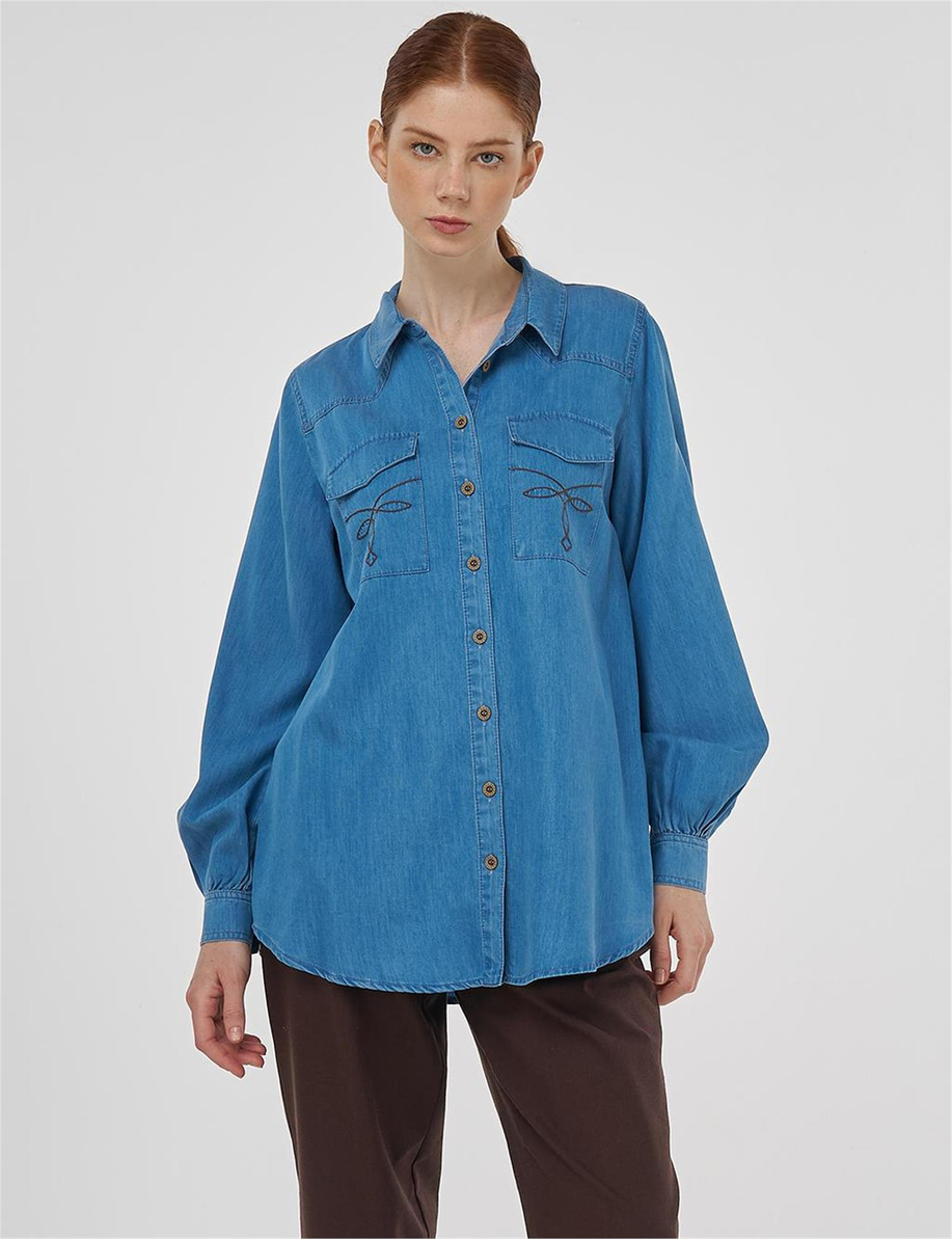 Punto Stitch Lyocell Tunik Mavi