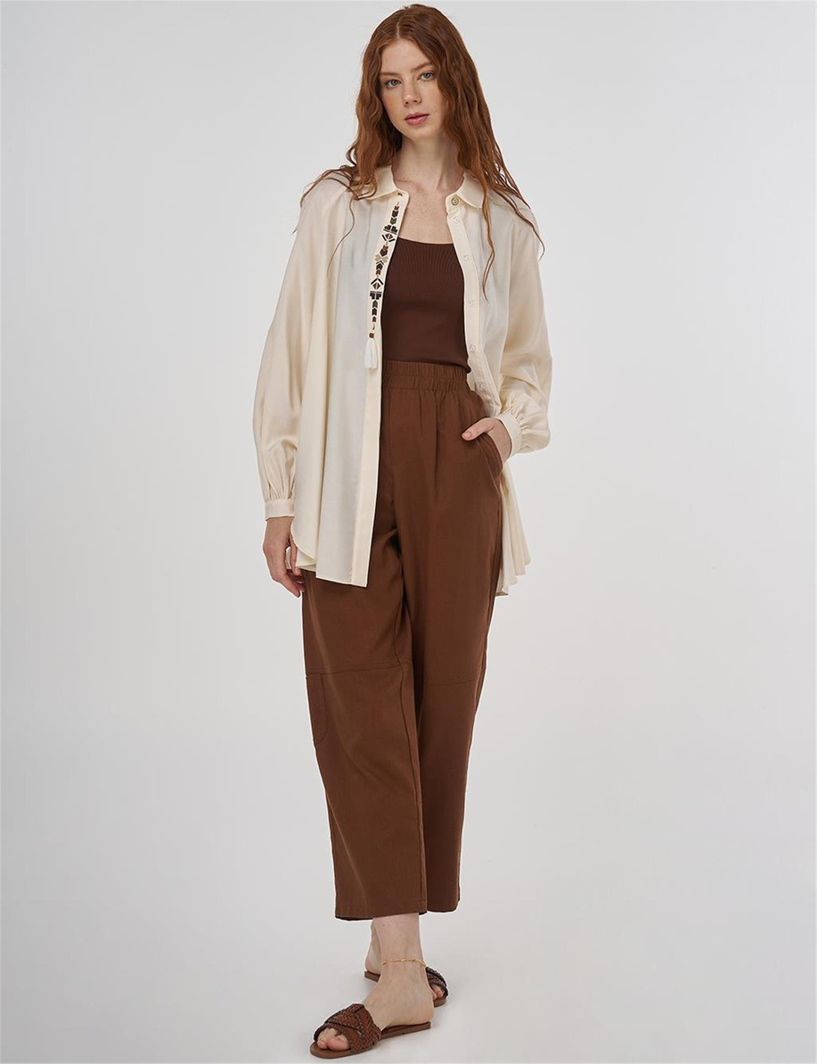 Püskül Detaylı Viskon Tunik Ekru