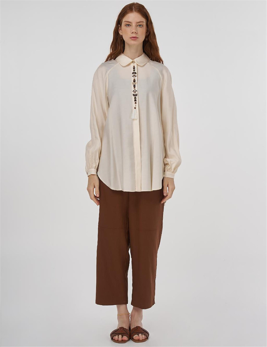 Püskül Detaylı Viskon Tunik Ekru