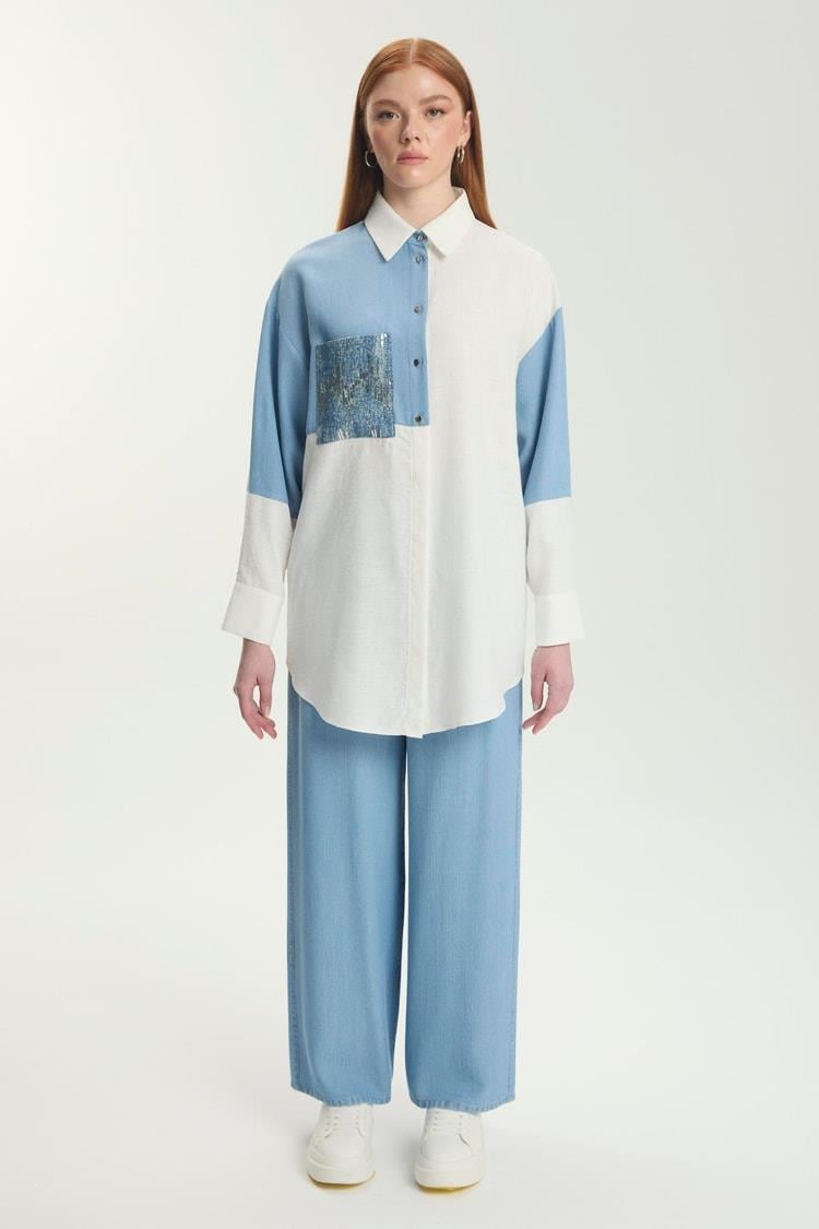 Renk Bloklu Cep Pullu Tunik Ekru - 25YZ1561