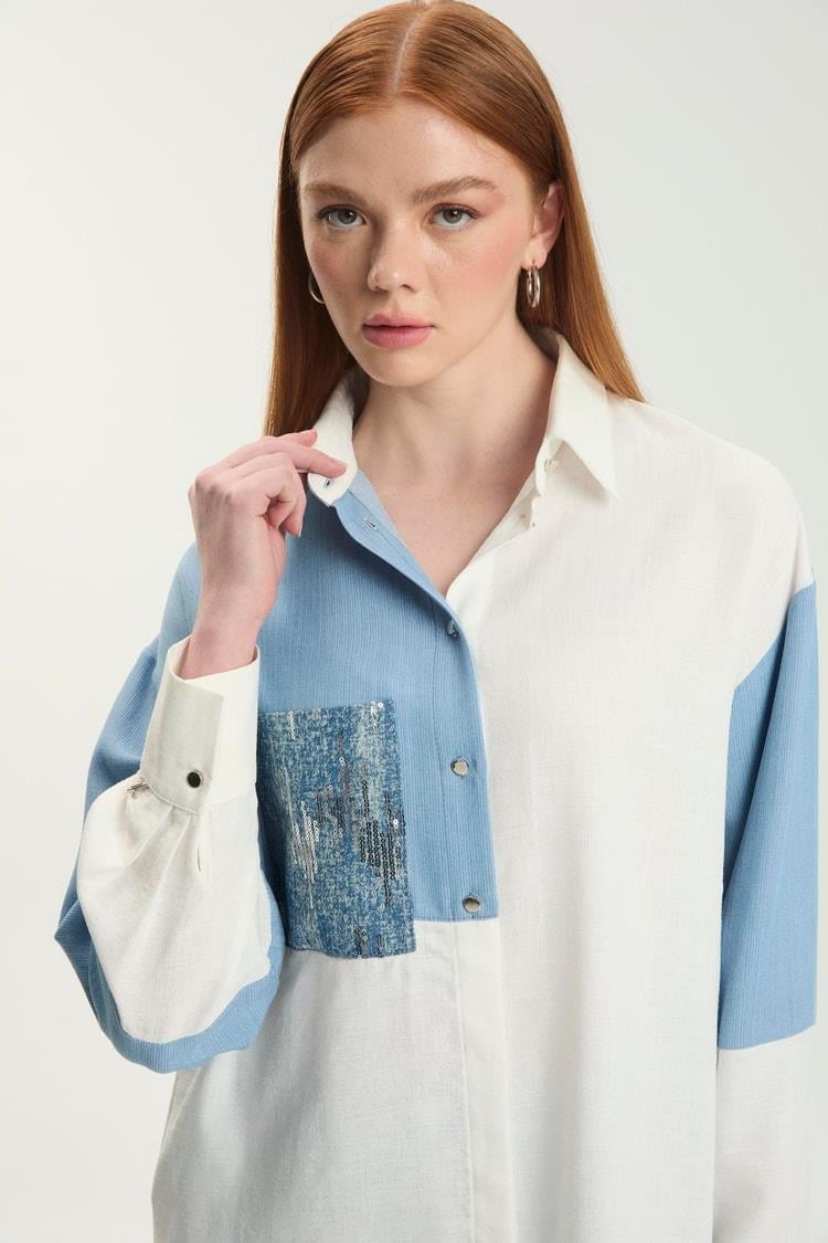 Renk Bloklu Cep Pullu Tunik Ekru - 25YZ1561