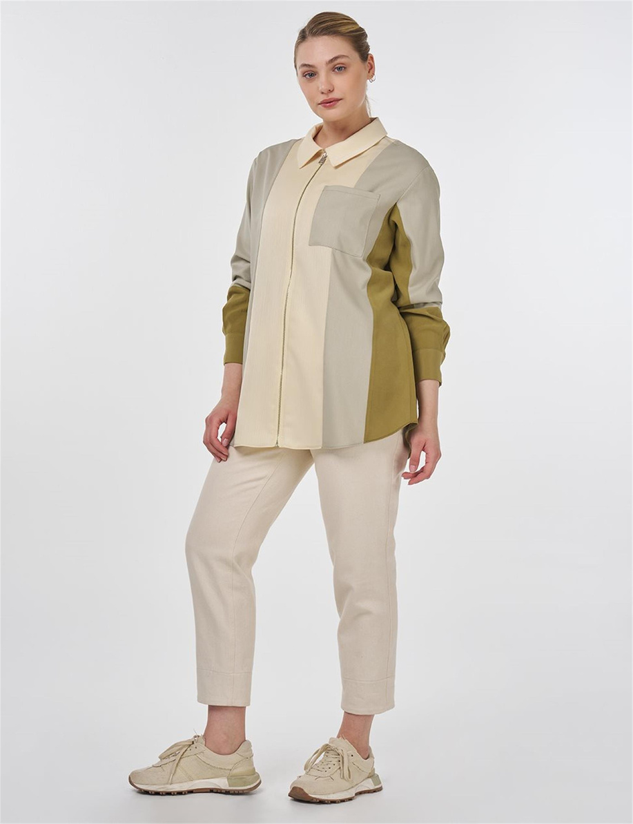 Renk Bloklu Fermuar Kapamalı Tunik Küf Yeşili