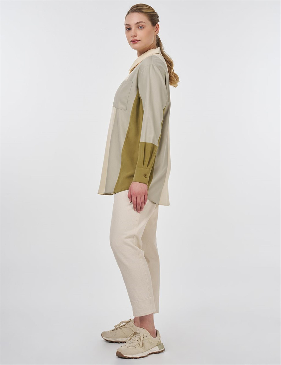 Renk Bloklu Fermuar Kapamalı Tunik Küf Yeşili