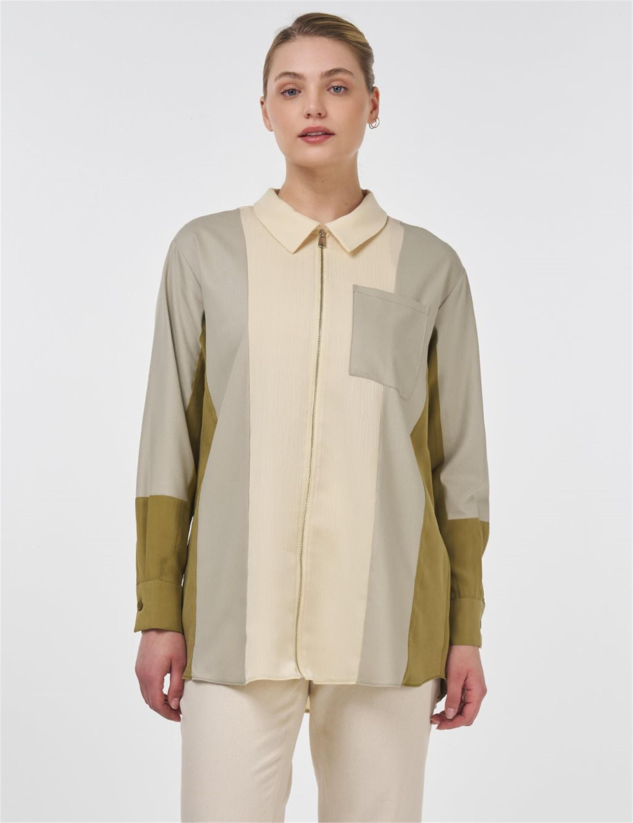 Renk Bloklu Fermuar Kapamalı Tunik Küf Yeşili