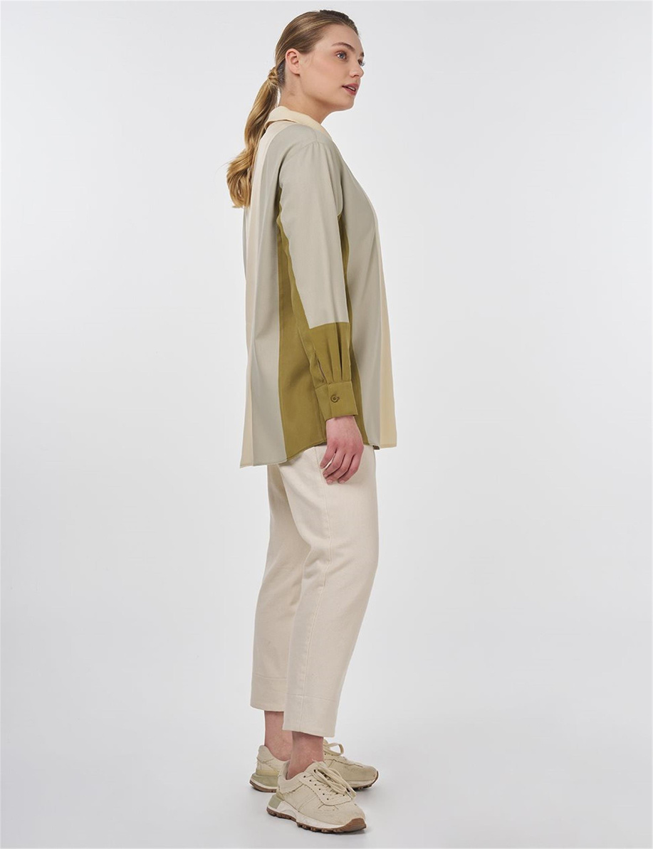 Renk Bloklu Fermuar Kapamalı Tunik Küf Yeşili