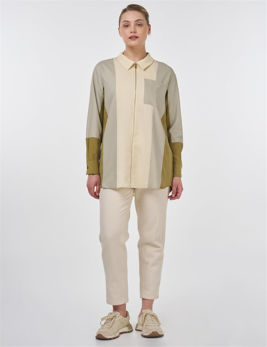 Renk Bloklu Fermuar Kapamalı Tunik Küf Yeşili