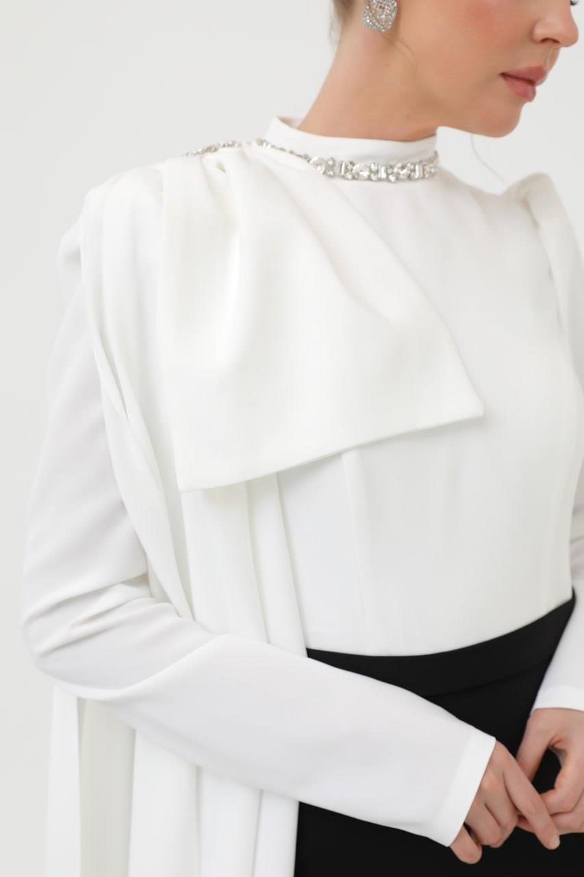 Şal Detaylı Siyah-Ekru Abiye