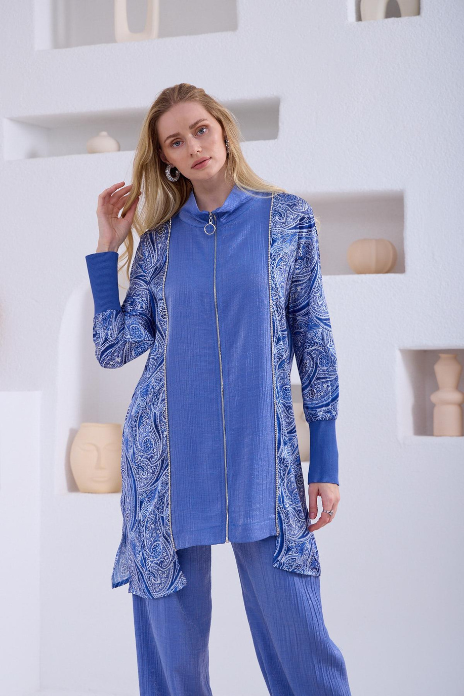 Saten Garnili Fermuarlı Indıgo Takım