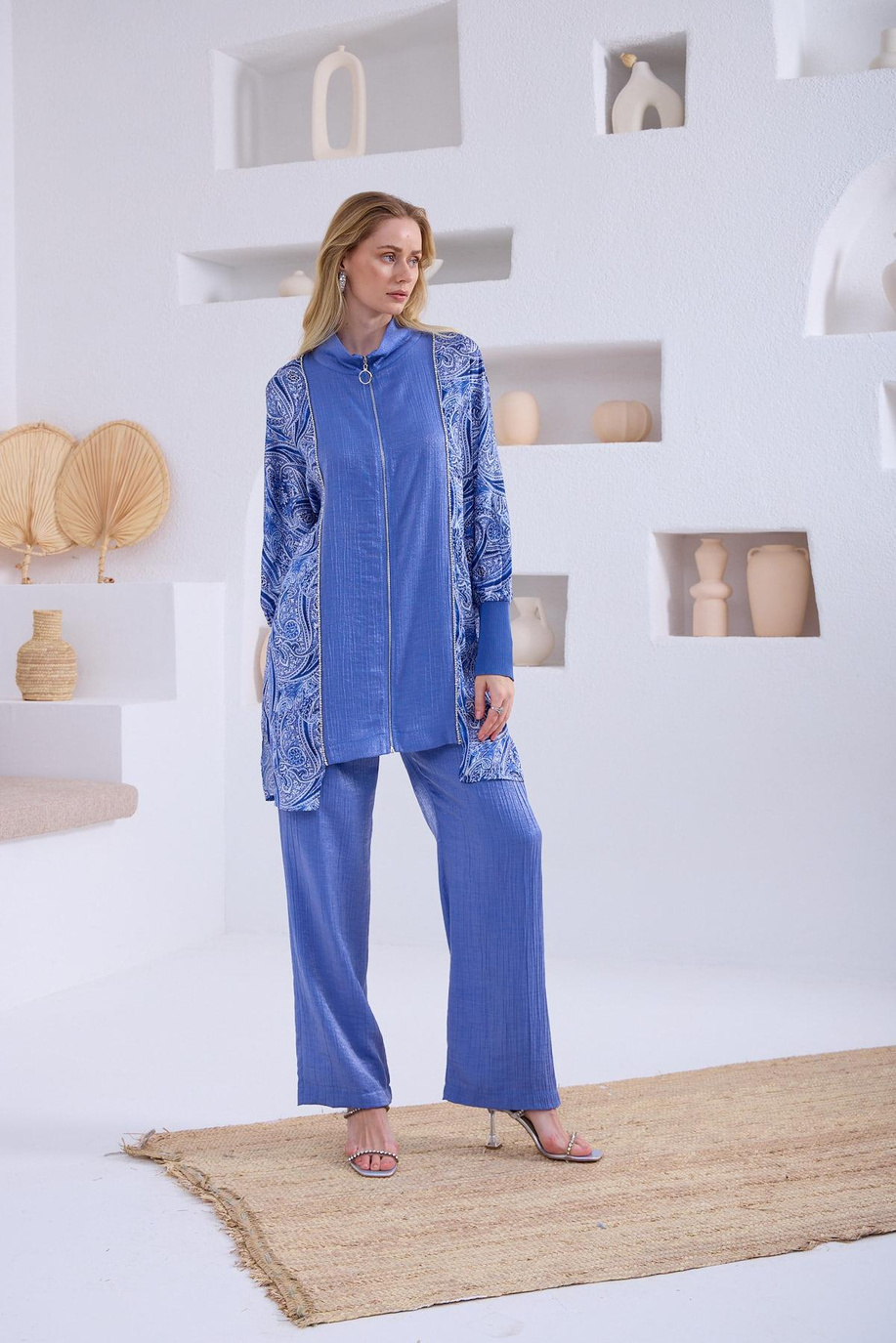 Saten Garnili Fermuarlı Indıgo Takım