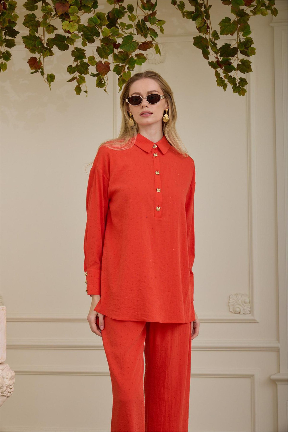 Şeffaf Taşlı Cupra Keten Takım Mercan - 25YMA2414