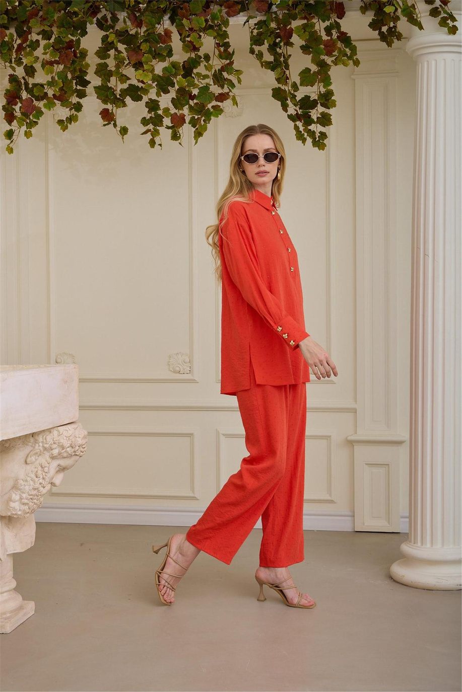 Şeffaf Taşlı Cupra Keten Takım Mercan - 25YMA2414