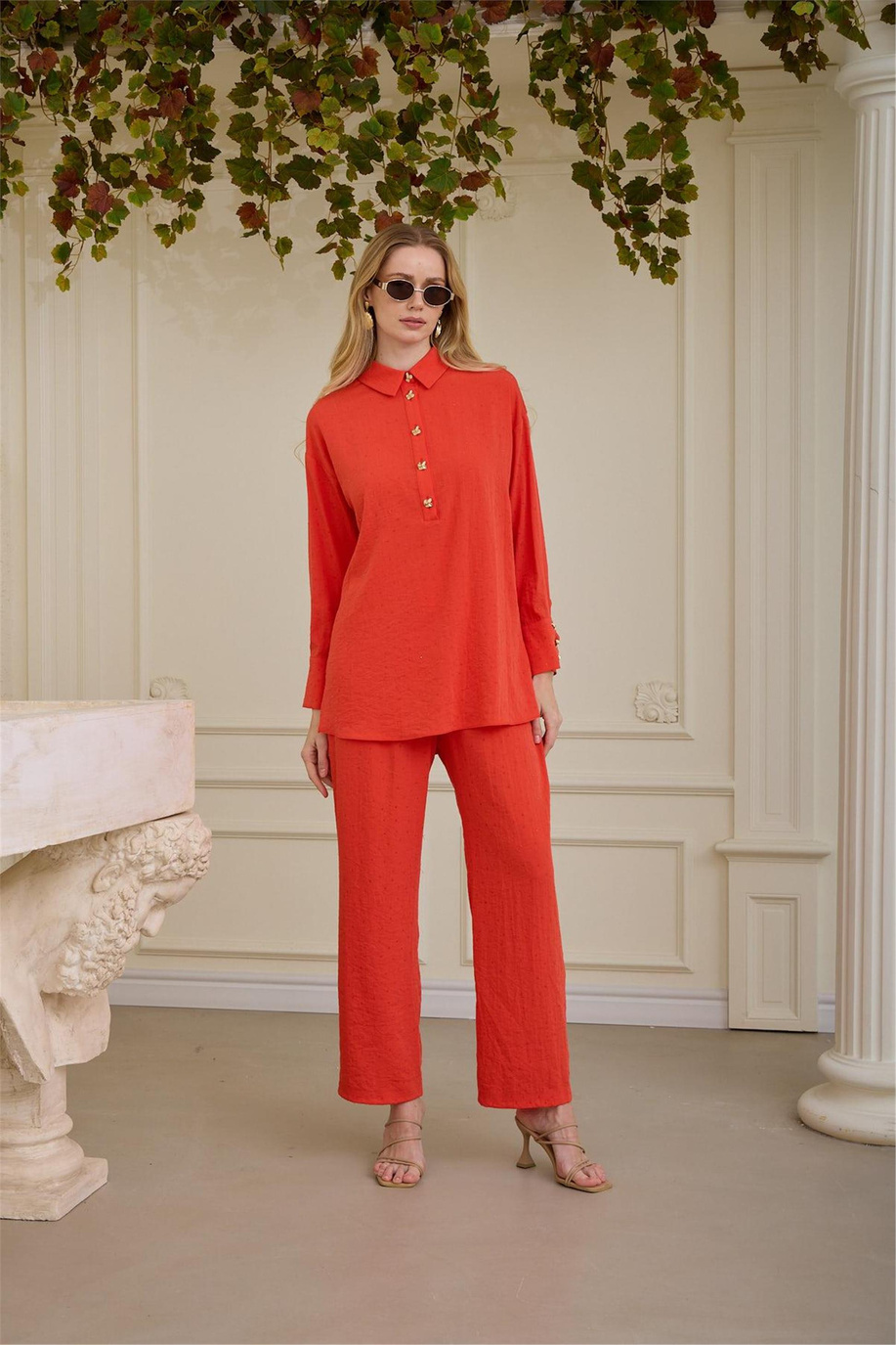 Şeffaf Taşlı Cupra Keten Takım Mercan - 25YMA2414