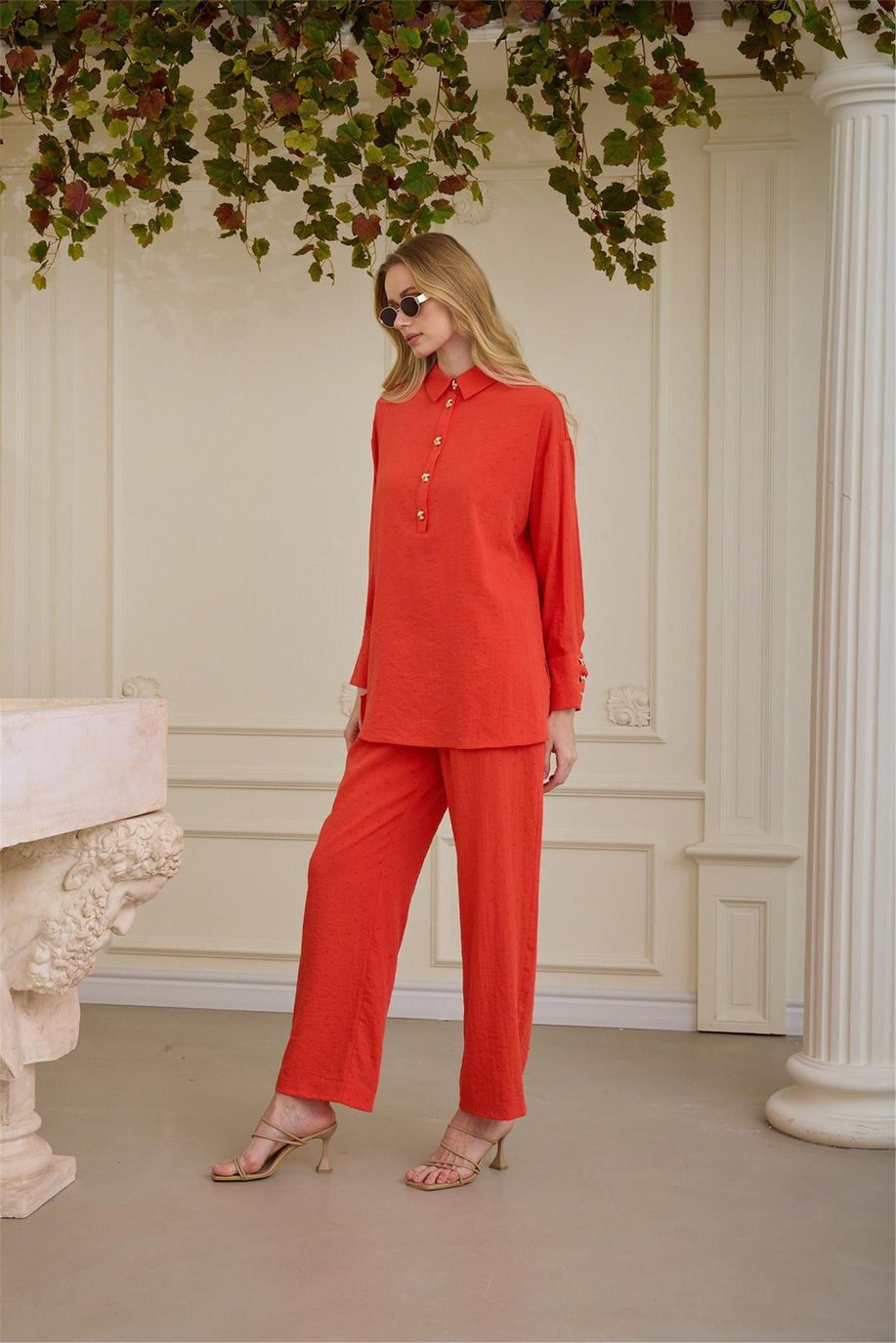 Şeffaf Taşlı Cupra Keten Takım Mercan - 25YMA2414