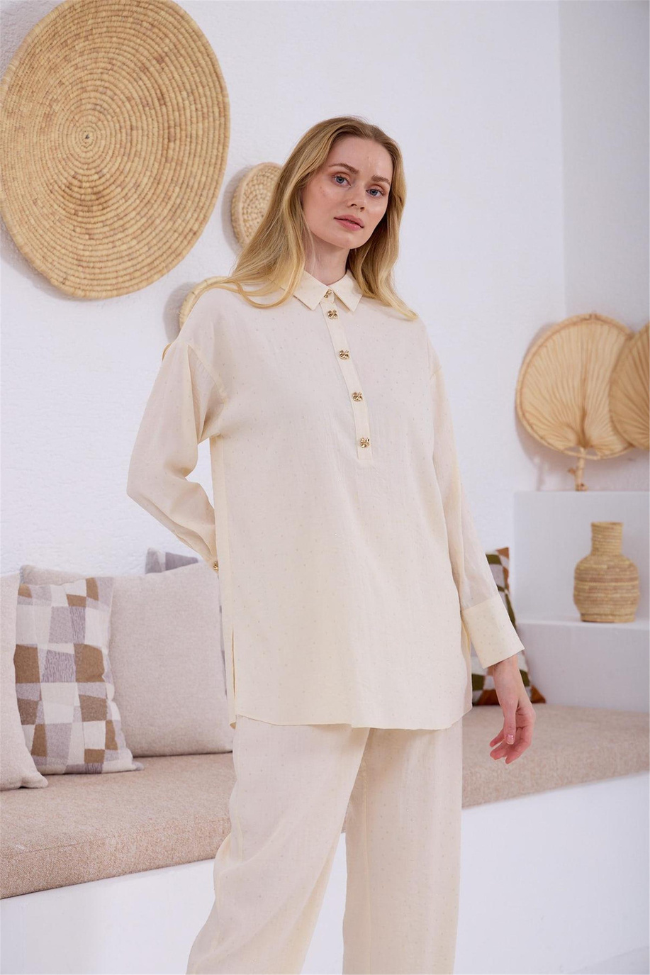 Şeffaf Taşlı Cupra Keten Takım Vanilya - 25YMA2414