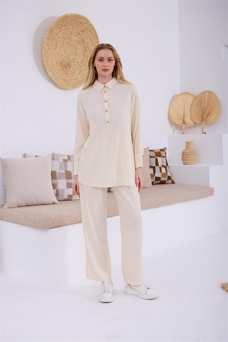 Şeffaf Taşlı Cupra Keten Takım Vanilya - 25YMA2414