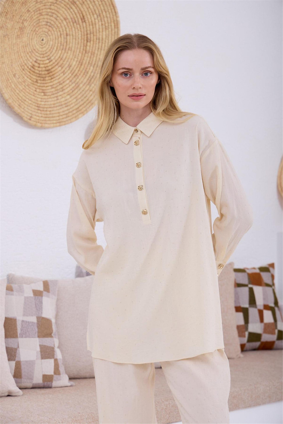 Şeffaf Taşlı Cupra Keten Takım Vanilya - 25YMA2414