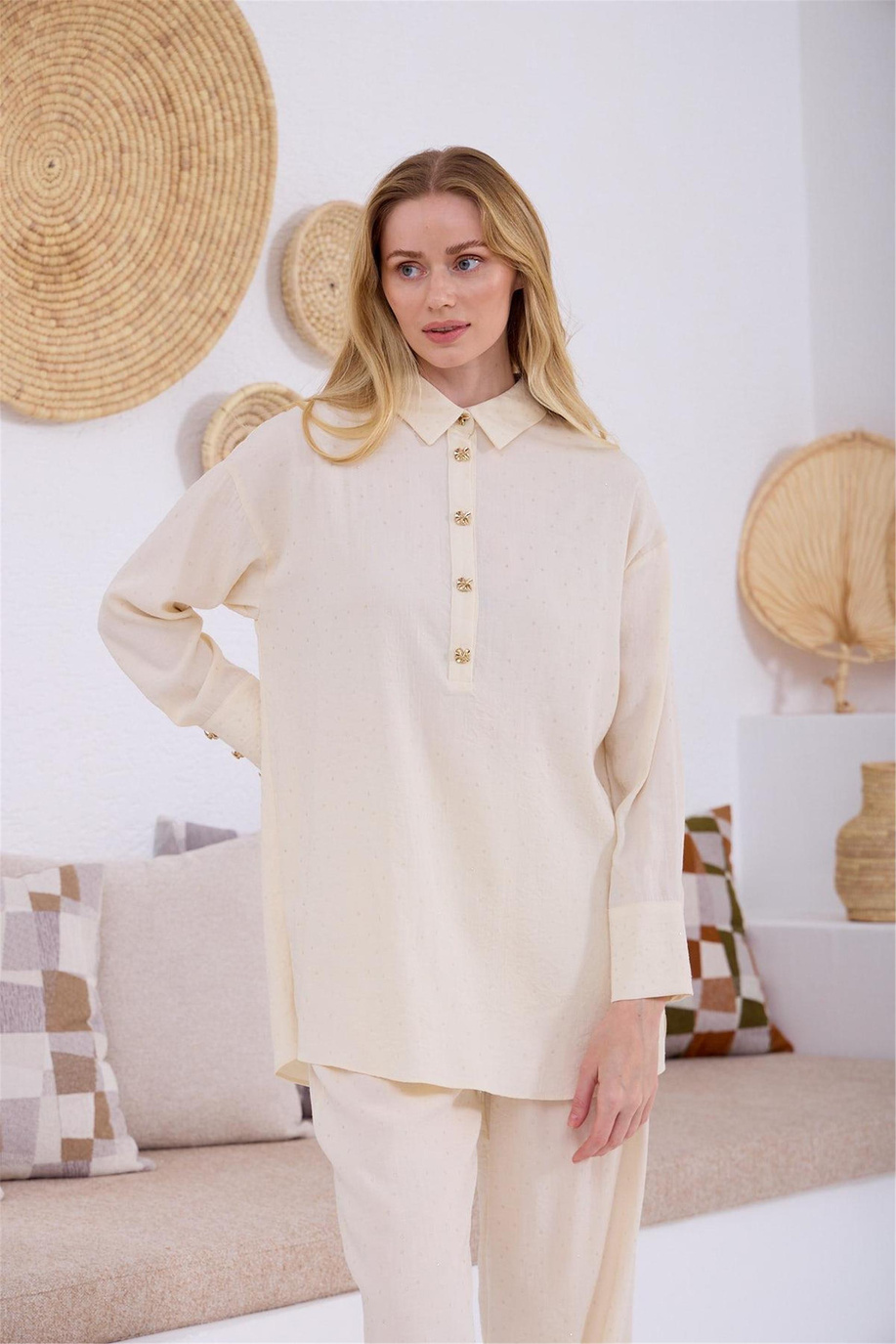 Şeffaf Taşlı Cupra Keten Takım Vanilya - 25YMA2414