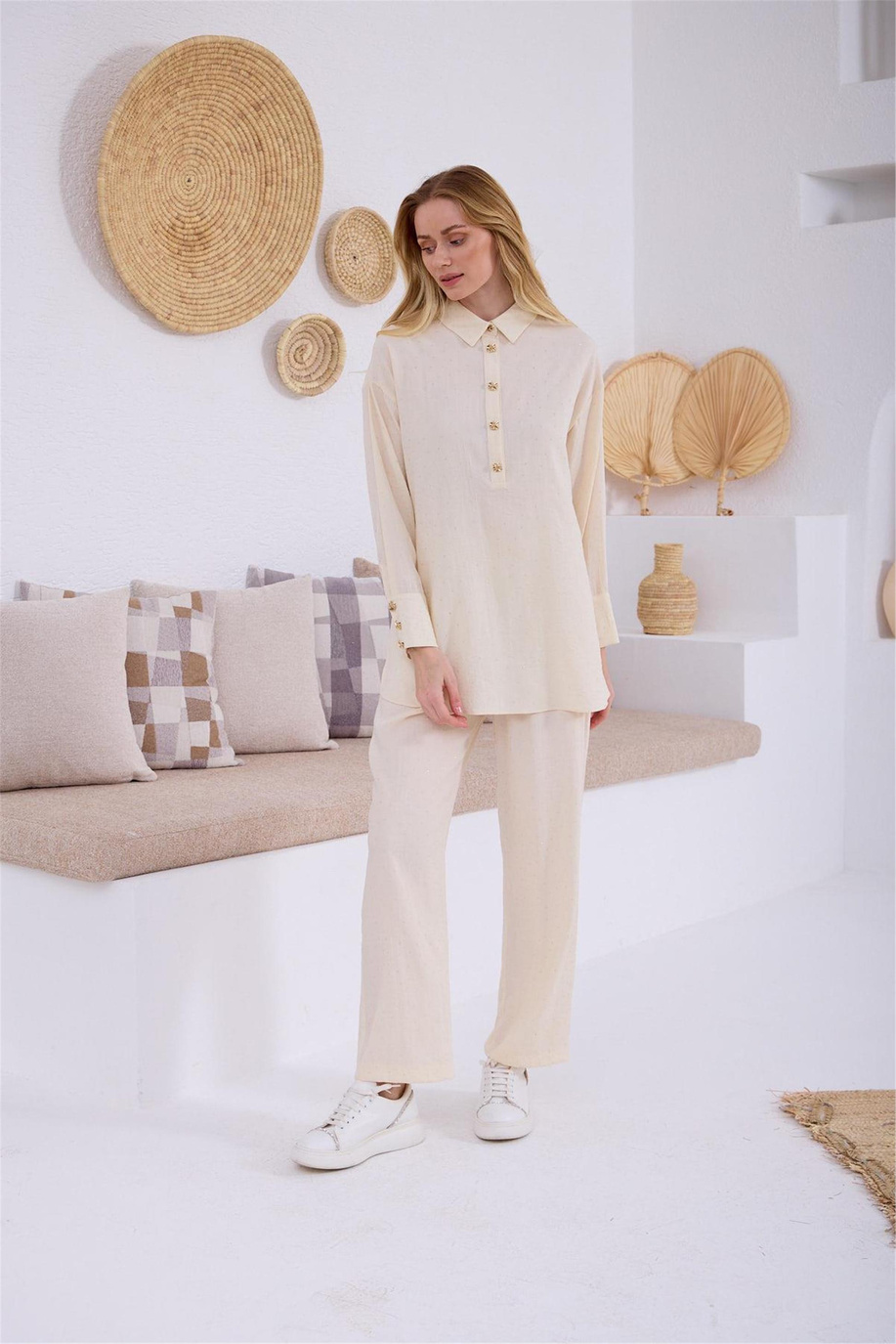 Şeffaf Taşlı Cupra Keten Takım Vanilya - 25YMA2414