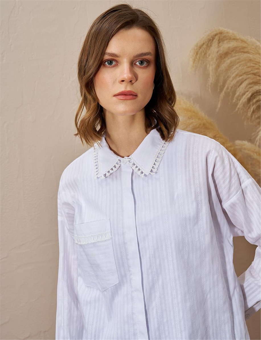 Şerit Püsküllü Pamuklu Optik Beyaz Tunik