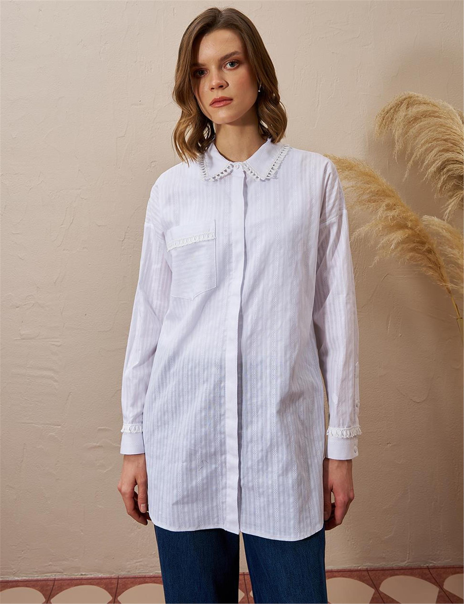 Şerit Püsküllü Pamuklu Optik Beyaz Tunik