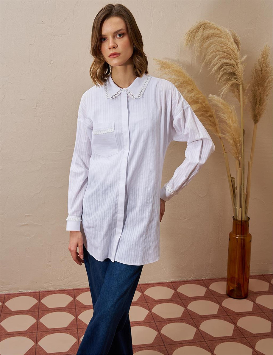 Şerit Püsküllü Pamuklu Optik Beyaz Tunik