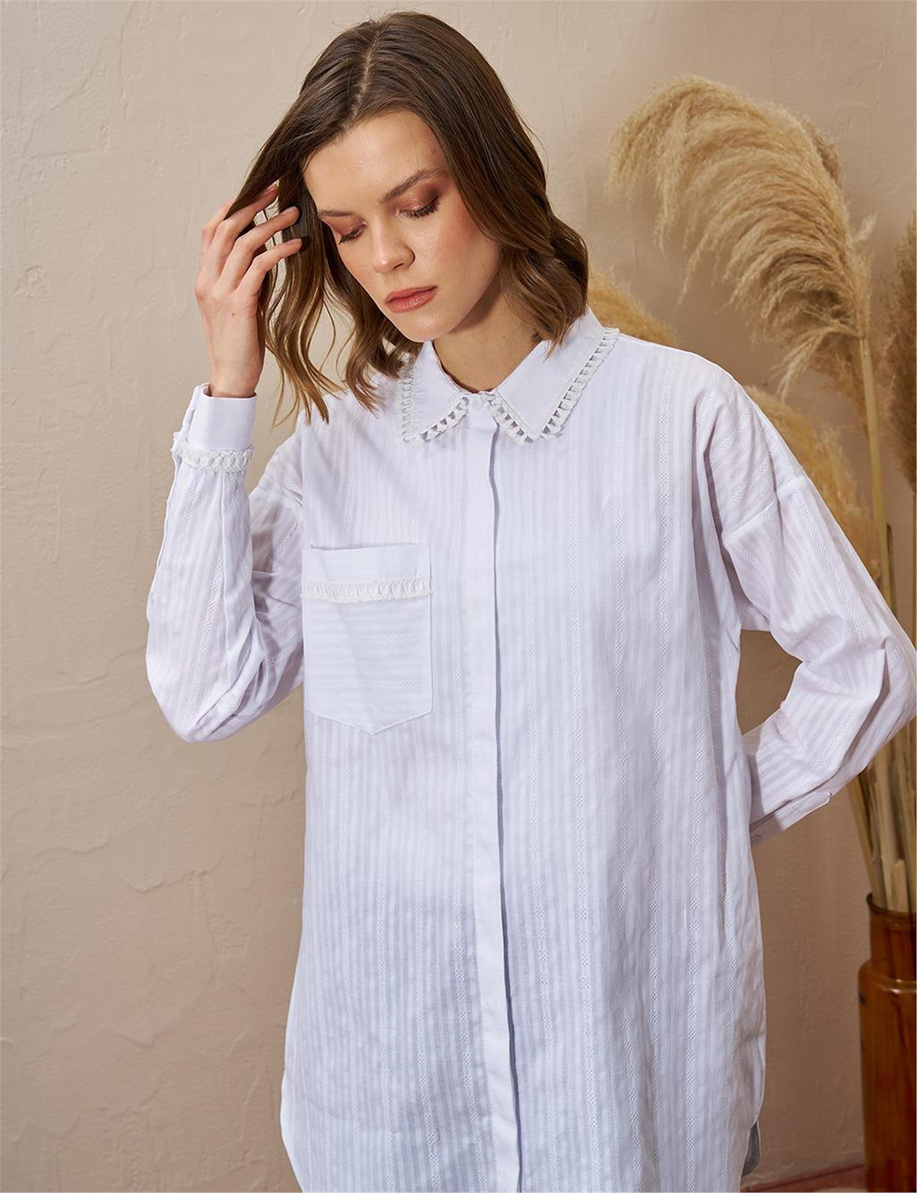 Şerit Püsküllü Pamuklu Optik Beyaz Tunik