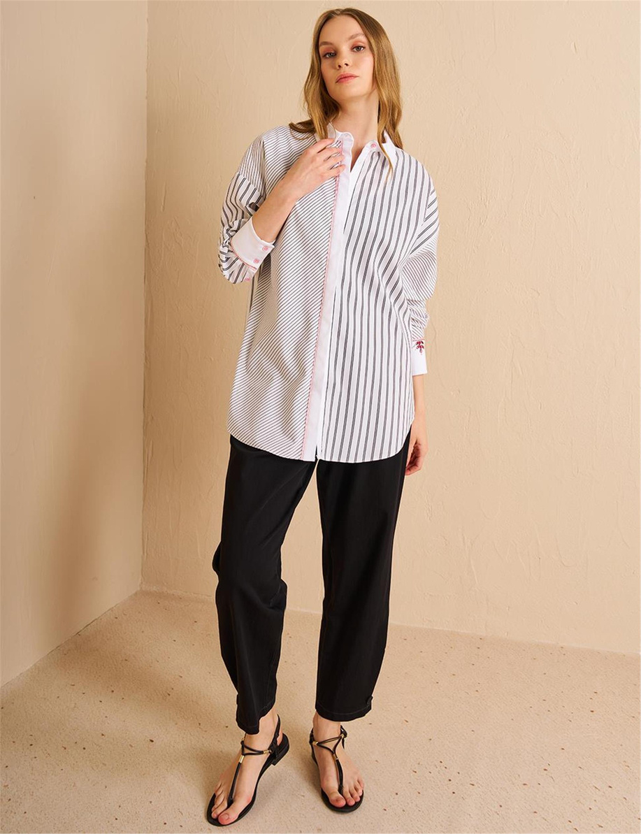 Şerit Taş Detaylı Gömlek Yaka Tunik Siyah