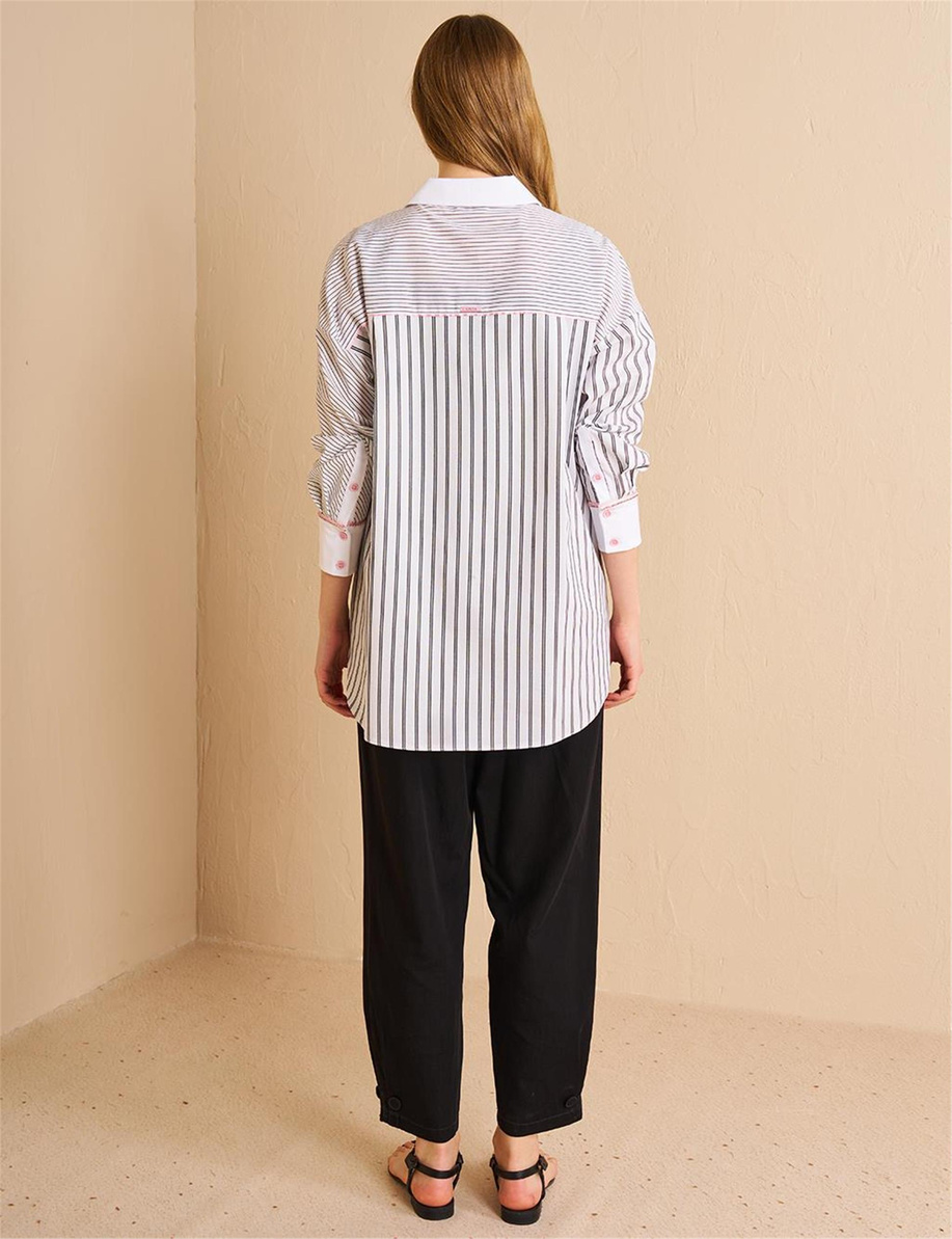 Şerit Taş Detaylı Gömlek Yaka Tunik Siyah