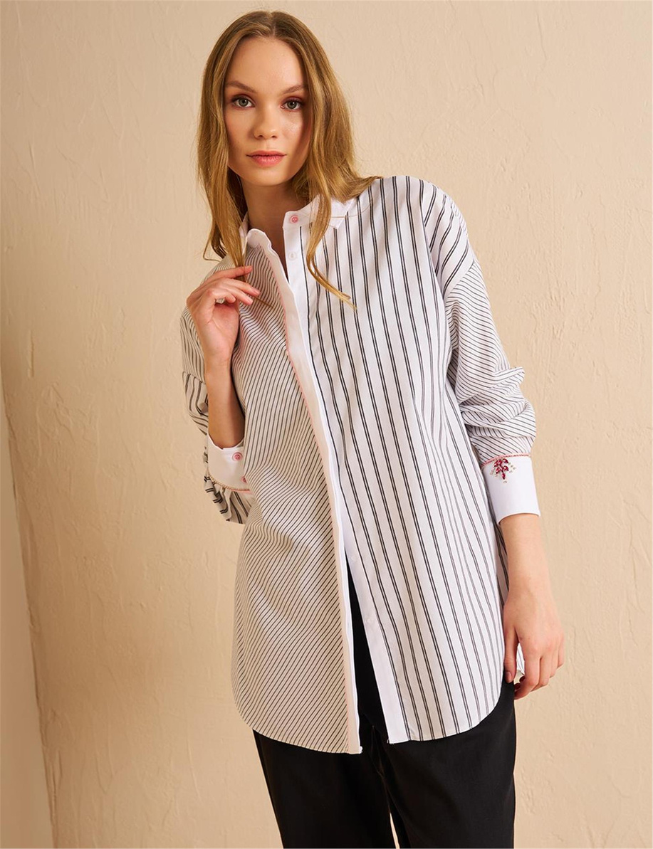 Şerit Taş Detaylı Gömlek Yaka Tunik Siyah