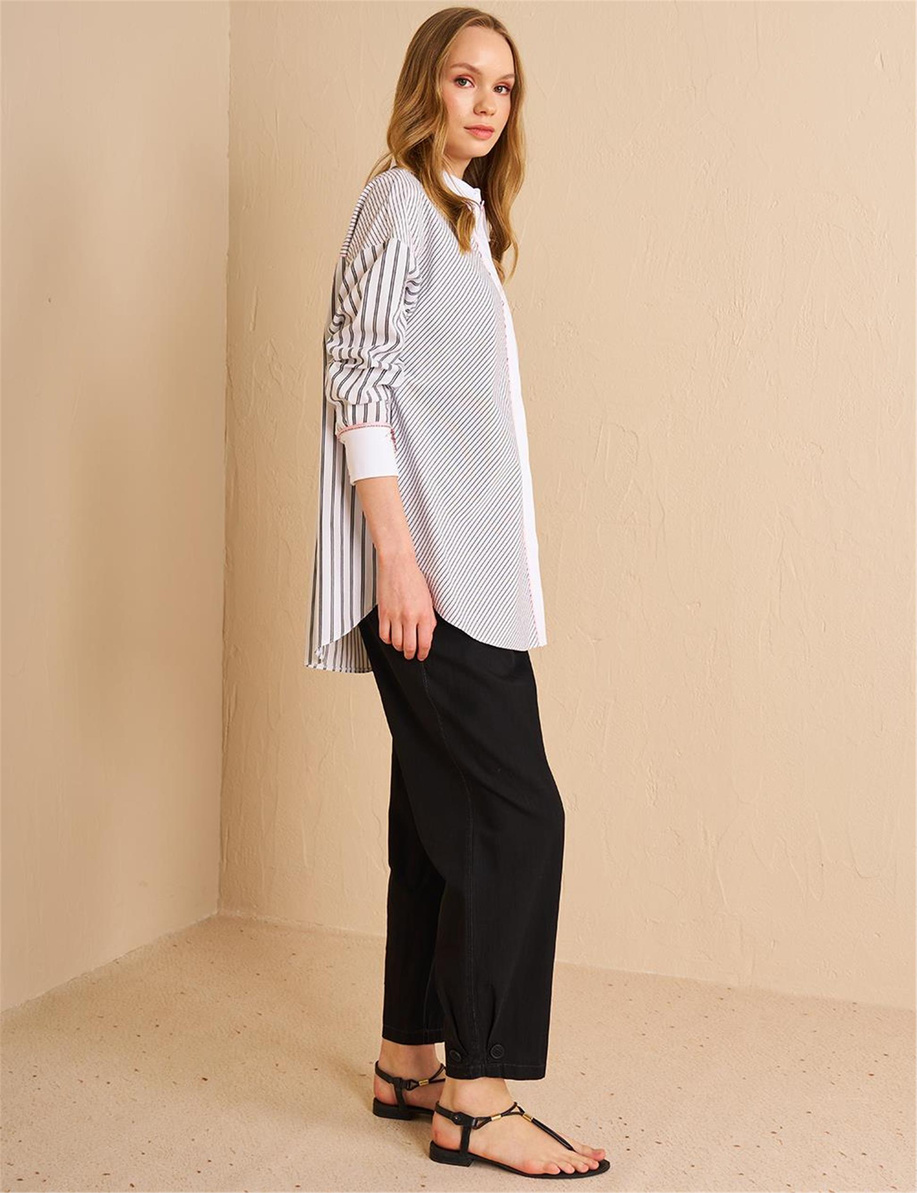 Şerit Taş Detaylı Gömlek Yaka Tunik Siyah