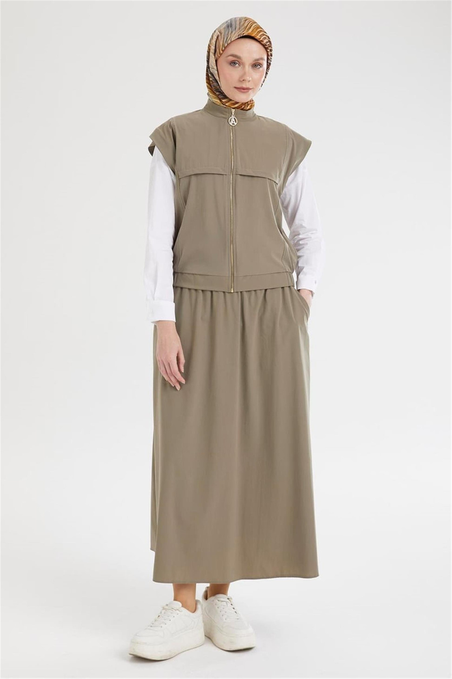 Sıfır Kol Yelekli Ve Etekli İkili Takım Haki - 25YT613