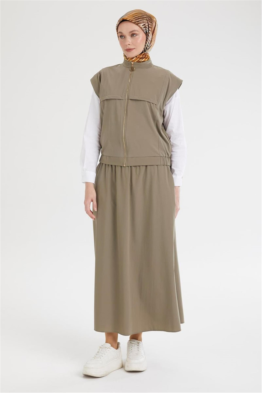 Sıfır Kol Yelekli Ve Etekli İkili Takım Haki - 25YT613