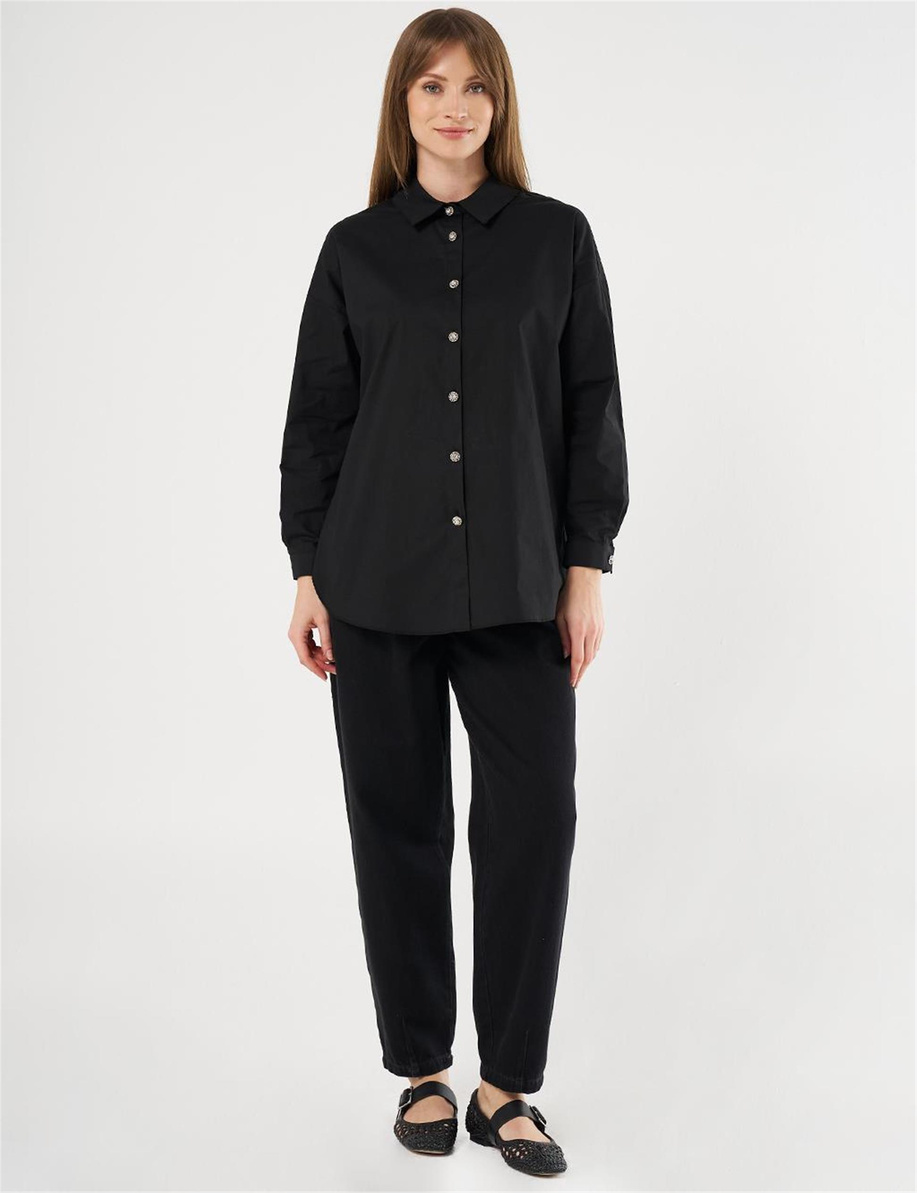 Sırtı Bağcıklı Poplin  Siyah Tunik