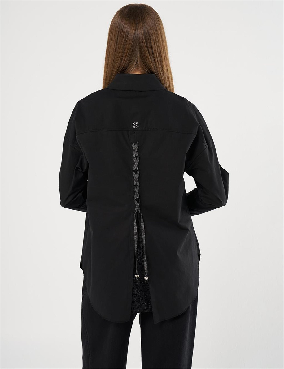 Sırtı Bağcıklı Poplin  Siyah Tunik